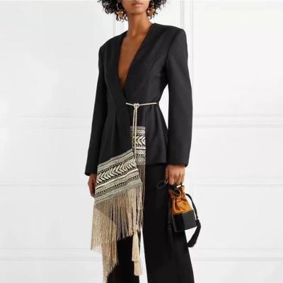 China 2021 Breathable Ladies Embroidered Jacquard Irregular V-neck Long Sleeve Suit Coats With Tassels for sale