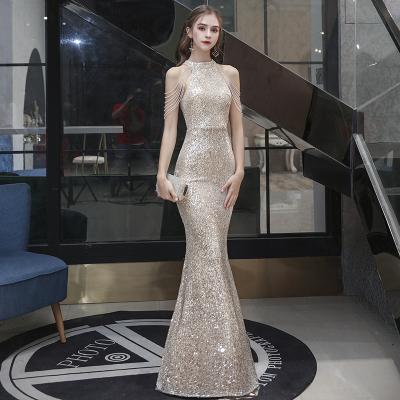 China New Ladies Temperament Champagne Fashionable Tassel Fishtail Elegant Breathable Off Shoulder Long Evening Dress for sale