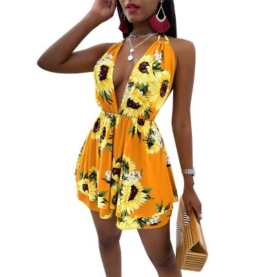 China 2022 Summer Sunflower V-neck Halter Breathable Completely Backless Short Casual Dresses for sale