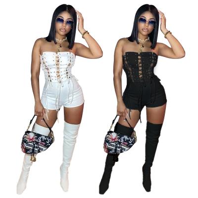 China Women's Breathable Strapless Summer Hollow Out One Piece PU Jumpsuit Shorts for sale