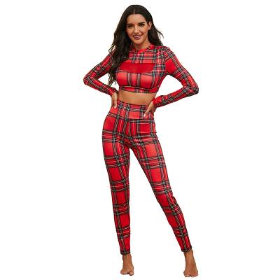 China Breathable Hot Sale Christmas Plaid Printed Yoga Pants Tracksuit / Sports Set Casual for sale