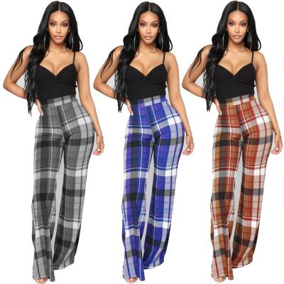 China Latest Designs Womens Long Pants 3 Color Breathable Plaid LY1123-4 Wide Leg Pants for sale