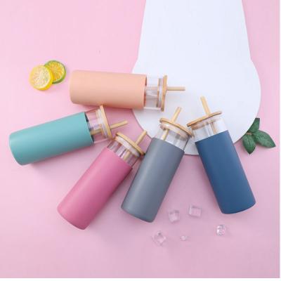 China Hot Sale 450ml Tumbler Glass Water Bottle Straw Silicone Protective Sleeve Bamboo Lid BPA Free Viable Glass Water Cup for sale