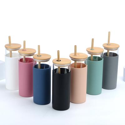 China 500ML 600ML Tumbler Glass Water Bottle Straw Silicone Protective Sleeve Bamboo Viable Lid - BPA Free Beverage Bottle for sale