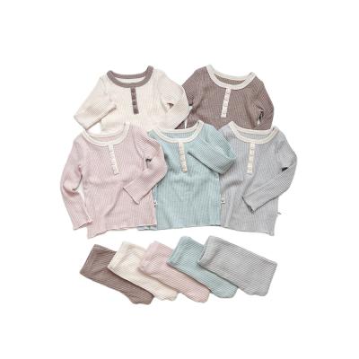 China Breathable Latest Kids Apparel Child Sleepwear Suit Home Casual Baby Toddler Ins. Long Sleeve Ribbed Custom Pajamas Set solid color for sale