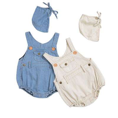 China Casual Newborn Baby Boy Clothes 2pcs Cotton Denim Romper Jumpsuit Outfits Set Baby Romper With Hat for sale