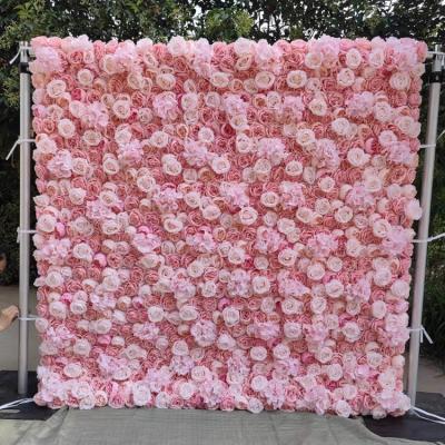 China Wedding Custom DIY 3D Roll Up Silk Rose Artificial Flower Wall Flowerwall Backdrop Panel Decor Fabric Cloth Base Rose For Wedding Decor for sale