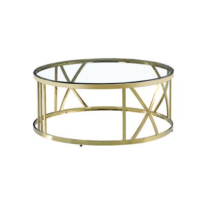 China Modern Style Living Room Stainless Steel Frame Gold Round Bone Glass Coffee Table for sale