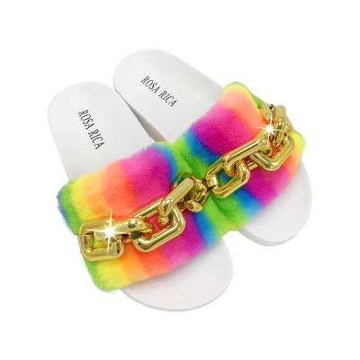 China New Fashion Home Outdoor Casual Rainbow Hair Chain Beach Slippers For Women for sale