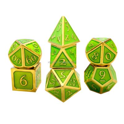 China Trendy Metal Polyhedral Dies Enamel Green With Golden Ratio Style Multi Sides RPG Sharp Dice D&D Set Game for sale