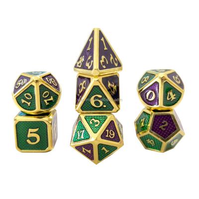 China Fashionable Toy Green Purple Gird Style Mechanical Heavy Metal Solid Enamel Dies Zinc Alloy Polyhedral Die Cuts Sets For Table Board Games for sale