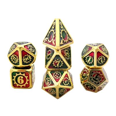 China DND Fashionable Heavy Metal Polyhedral Dice Set Two Color Green/Red With Gold Font Dungeons And Dragons Playing Dice For Table Game for sale