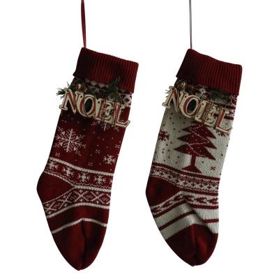 China Burgundy Cotton and Ivory White 18 Inch Christmas Tree Knit Stocking Christmas Gift Bag with NOEL Sign Rustic Wooden Hanging Decora for sale