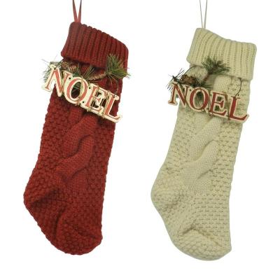 China Burgundy Cotton and Ivory White 18 Inch Christmas Tree Knit Stocking Christmas Gift Bag with NOEL Sign Vintage Wooden Hanging Decor for sale