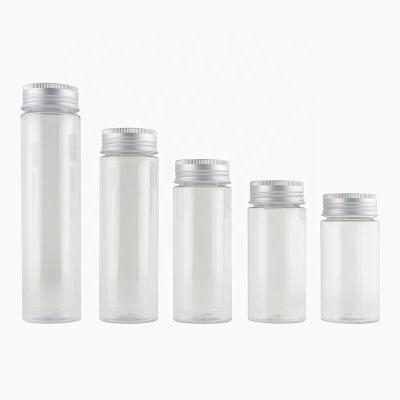 China Plastic Cosmetic Jar-Bottle D46mm Clear Food Grade Cosmetic Plastic Pet Jars Snack 4oz Jar Jar With Aluminum Lid for sale