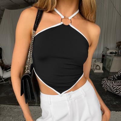 China 2021 Summer Women's Clothing Anti-pilling Small Halter Neck Contrast Color Crop Hanging Pointed Top for sale