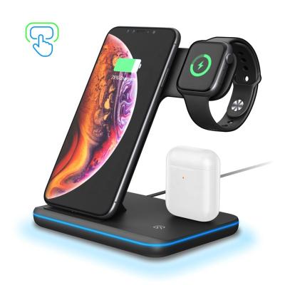 China Hot Selling OEM Multi Wireless Charging 15W Multi Fast Charging Stand Up 3 IN 1 Wireless Charger With LED Light for sale