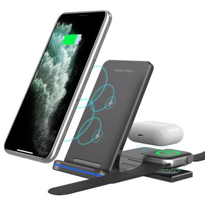 China New Arrival 2021 Wireless Charging 15W Portable LED Fast Charging 3 Light Foldable in 1 Wireless Charger Stand Station Dock for sale