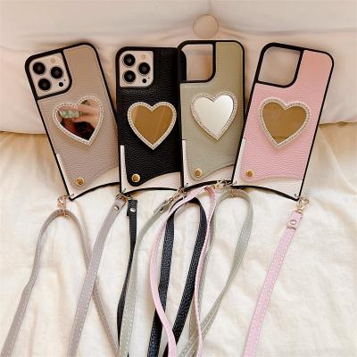 China Fashion Leather Makeup Mirror Phone Case Strap Shockproof Lanyard for iphone 11 12 pro, for iphone 13 pro case women for sale