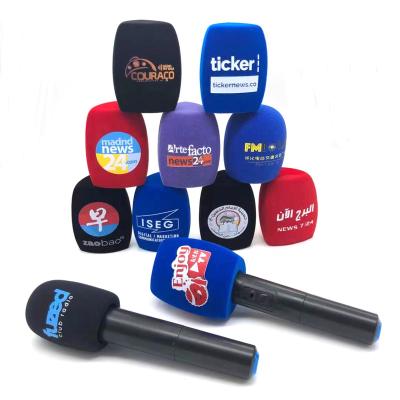 China Other Microphone Foam Triangle Customized Flocking Printing Covers Mic Windscreen Logo Sponge For TV Channels Journalists Interview for sale