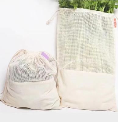 China Eco-Friendly Reusable Cotton Mesh Drawstring Bag For Fruit and Vegetable for sale