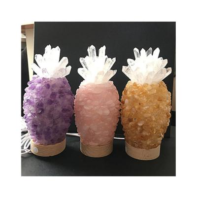 China Europe Sale Healing Quartz Cluster Amethyst Pineapple Shape Lamps Lanterns Natural Crystals Stone Wooden Base Europe For Home Decoration for sale