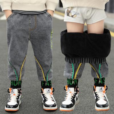 China Hot Color Fade Proof Kids Jeans Winter Villus Boys Jeans Pants Zipper Decoration Threaded Leg Opening Kids Pants Boys With Villus for sale