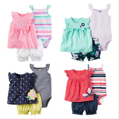 China Comfotable knitted cotton summer romper flower print boutique baby romper T-shirt and striped short pants baby romper set 3 pieces for sale