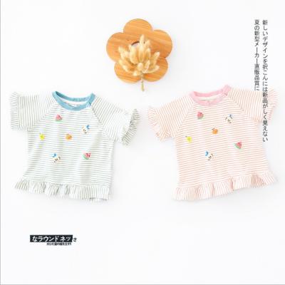 China 2021 new design QUICK DRY cotton baby T-shirt s puff sleeve t-shirt girl cartoon fruit print children's striped t-shirt for little girl for sale