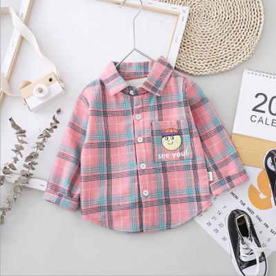 China Anti-wrinkle fashion design cartoon pattern wholesale print collared shirt boys thicken fur children girl shirt fleece plaid kids shirts boys for sale