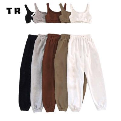 China Breathable High Quality Weight Joggers Crop Top Two Piece Custom Logo Pants Set Cotton Workout Comfortable Women 2021 for sale