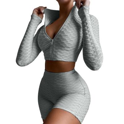 China Breathable Ready To Board High Waist Yoga Sportwear Sets Long Sleeve U-Vest Tops And Shorts Activewear For Women for sale