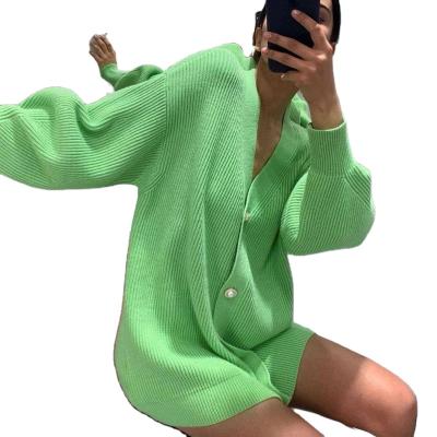 China Anti Wrinkle Women's Solid Color Casual Loose Knit Cardigan V-Neck Long Sleeve Sweater Jacket for sale