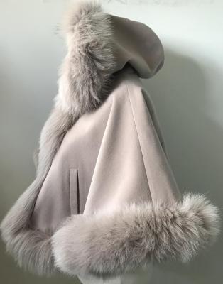 China Stylish Stylish Women's Beige Cape Shorts With Hood Cashmere Plus Size And Trim Arctic Fox Fur for sale