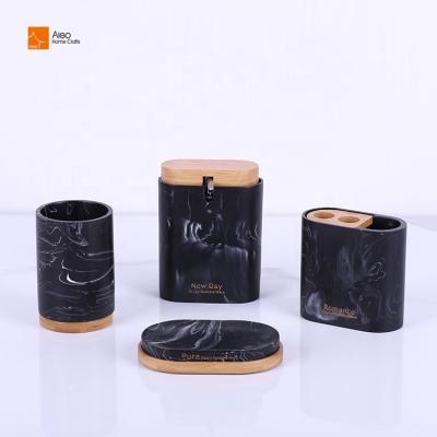 China Factory 4 PCS of Polyresin / polystone Customized Polyresin Black Marble ALEO Bathroom Accessories Set Handmade Resin Accessory Bathroom Set For Hotel for sale