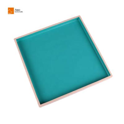 China Wholesale Custom Home/Hotel Blue Tray Peacock Logo Large Storage Luxury Hotel Home Bathroom Amenity Set Tray Beige Square Polyresin Tray for sale