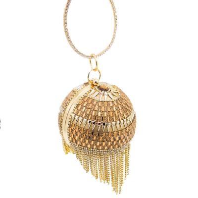 China Spherical Fringed Hot Drilling Gold Evening Clutch Bag Diamond Paste Drill Chain Handbag New Round Shape Dinner for sale