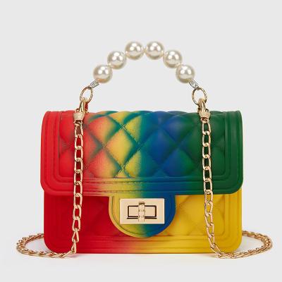 China 2021 new rainbow gradient fruit fashion bag spray color gradient candy color pearl handbag Diamond Box Slant Female Bag for sale