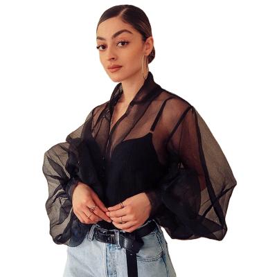 China WDC 2021 Anti-pilling Blouse Women's Blouses And Shirts T-shirt Blue Female Fashion Transparent Mesh Tops Long Lantern Sleeve for sale