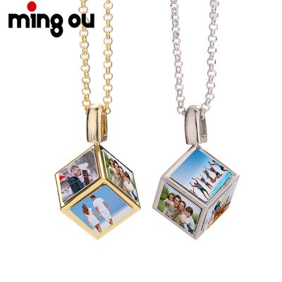 China Memory Photo Necklace 3D Cube Photo View Pendant Necklace 6 Inserts Sublimation Die Cut Memory Photo Pendant Necklace for sale