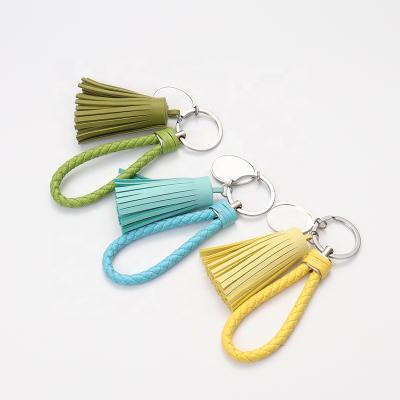 China DIY Tessel Leather Key Chain Leather Braided Rope Tassel Keychains Private Label Sublimation Key Chain Gifts For Women for sale