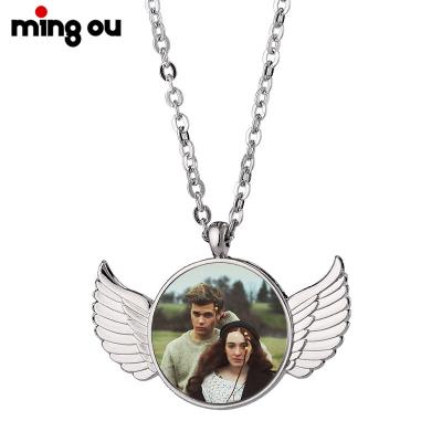 China Valentine's Day Gift New Arrival Sublimation White Wing Necklace Round Tag Jewelry Romantic Necklace for sale