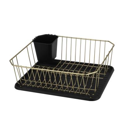 China Sustainable Kitchen Countertop Iron Gold Finish Dish Drying Rack With Utensil Cart And Plastic Drip Tray for sale