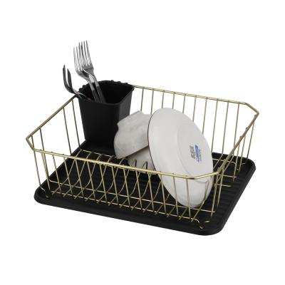 China Kitchen Countertop Metal Sustainable Dish Drainer Rack With Utensil Cart Iron Dish Drying Rack With Gold Finishing for sale