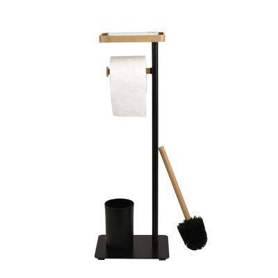 China Stainless Steel Toilet Brush And Roll Paper Holder With Modern Free Standing Mobile Phone Holder And PP Base For Bathroom for sale