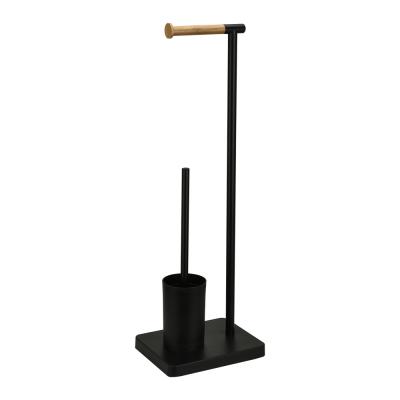 China Modern Stainless Steel Metal Black Tissue Paper And Toilet Brush Holder With Bamboo Paper Hanger for sale