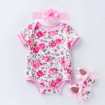 China Antibacterial Newborn Babies Clothing Sets Cotton 3pcs Baby Onesie Rompers With Floral Headband Baby Clothes And Shoes for sale