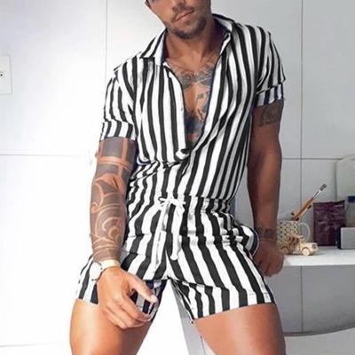 China Anti-wrinkle Clothing Summer Sets 2021 Striped Overall Short Sleeve Overalls Casual One Piece Drawstring Sports Men for sale