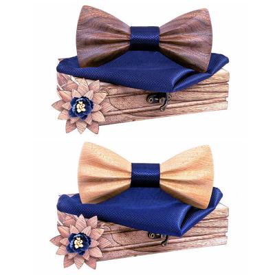 China Wooden Handmade Adjustable 3D Bow Tie Wooden Set With Square Pocket Pins For Men for sale