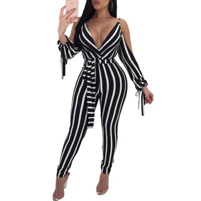 China Anti-Static Overalls Women Striped Clubwear V-Neck Playsuit Jumper Bodycon Party Female Summer Sleeveless Backless Romper Overalls for sale